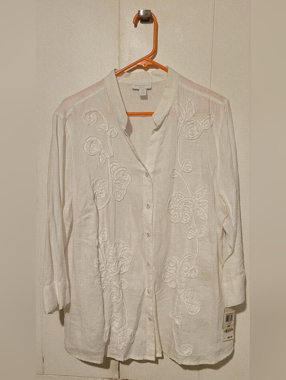 NWT - Charter Club White Linen Embroidered Button-Down Shirt